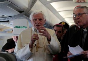 Pope with journalists on plane to Madrid 2011.jpeg